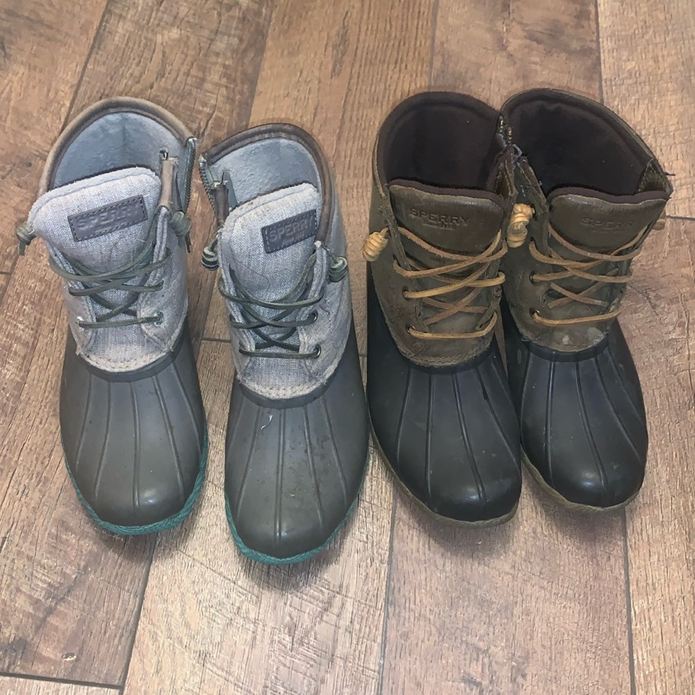 Two pairs of very worn sperry boots shoes